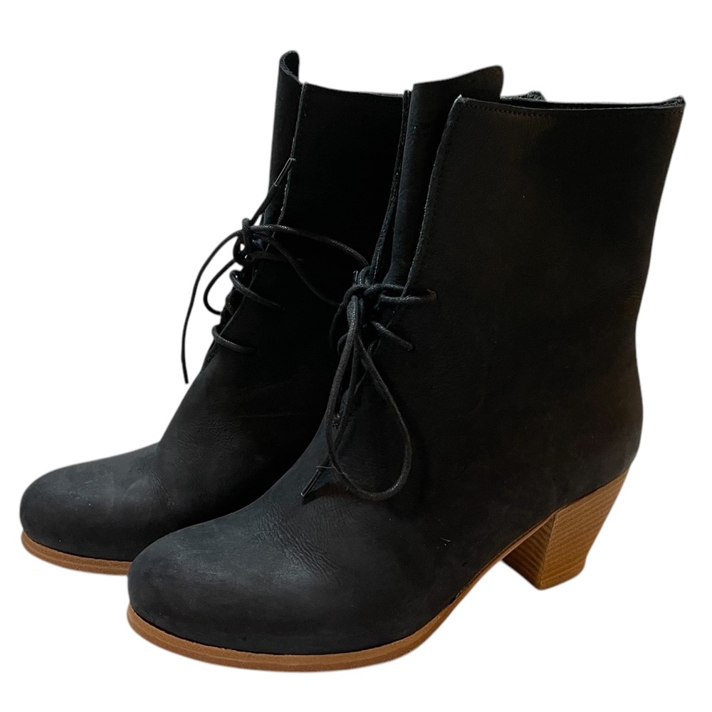 PETER NAPPI Black Suede Lace Up Mid Calf Round Toe Heeled Ankle Boot - Size 36